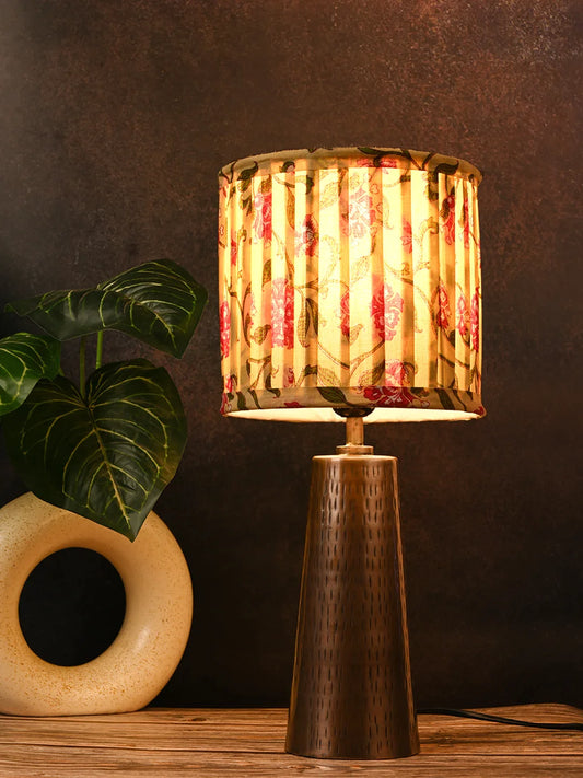Copper Etched V-Shaped Lamp with Pleeted Muticolor Yellow Shade