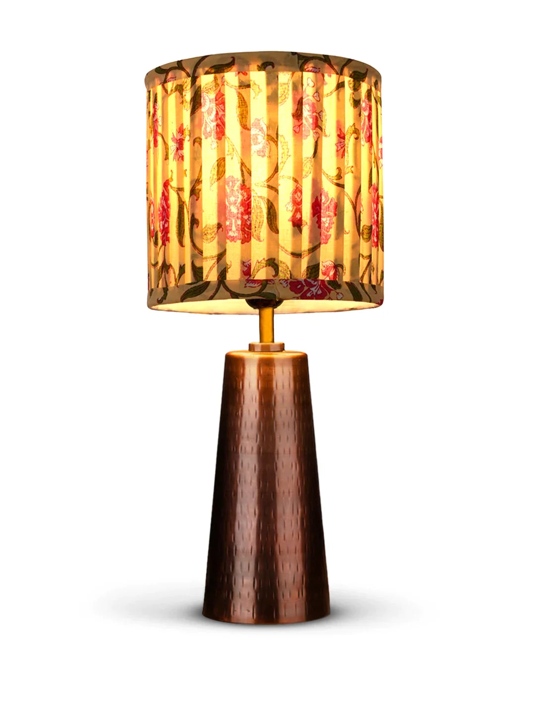 Copper Etched V-Shaped Lamp with Pleeted Muticolor Yellow Shade