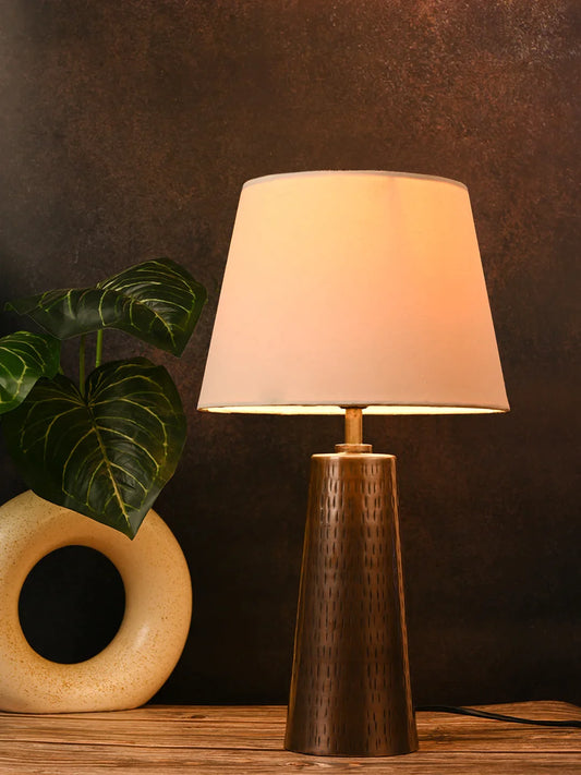 Copper Etched V-Shaped Lamp with Taper Solid White Shade