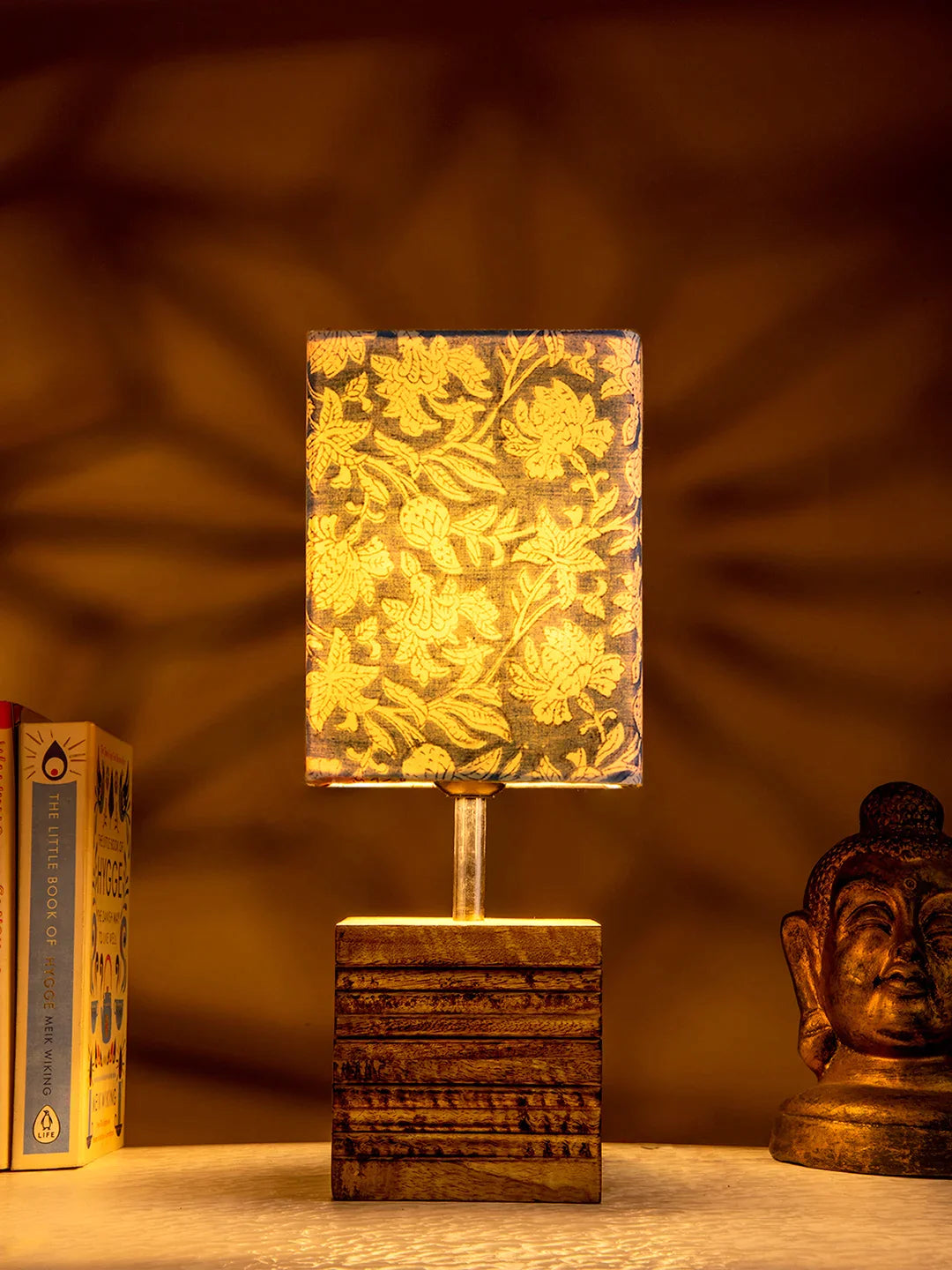 Wooden Stripped Cube Lamp with Colorful Blue Shade