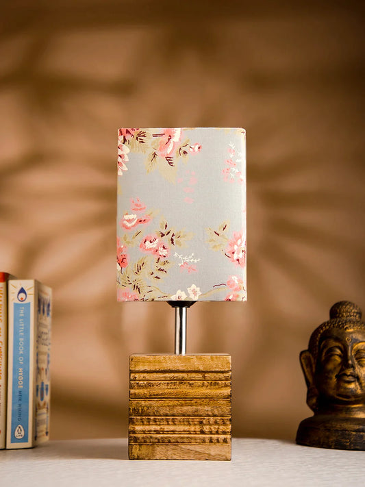 Wooden Stripped Cube Lamp with Colorful Grey Shade