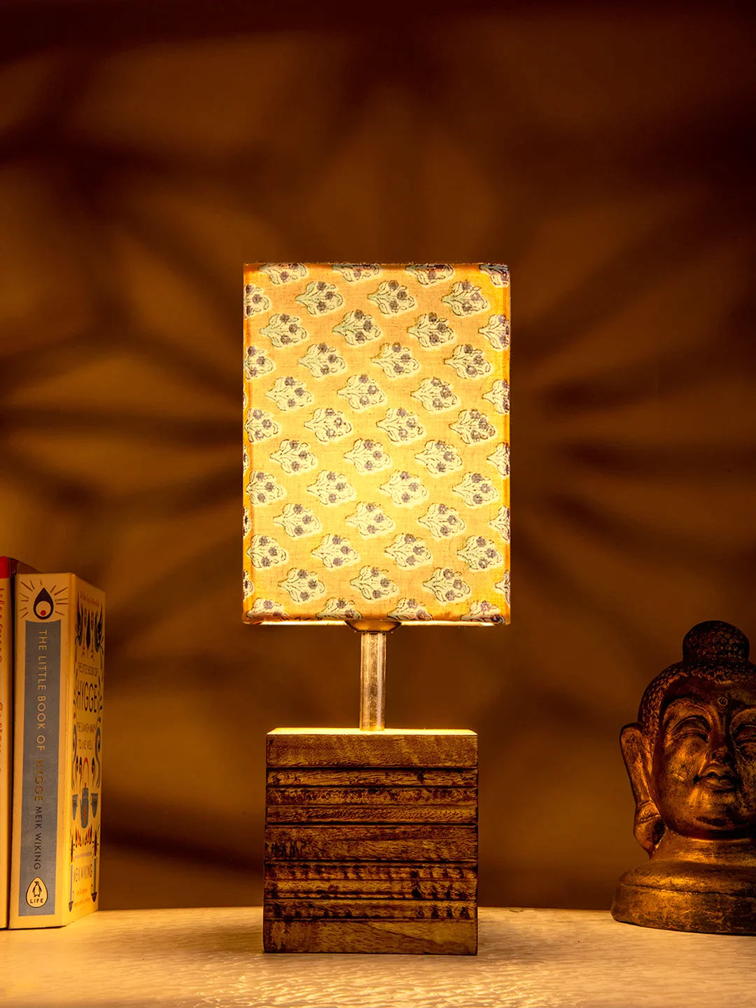 Wooden Stripped Cube Lamp with Colorful Yellow Shade