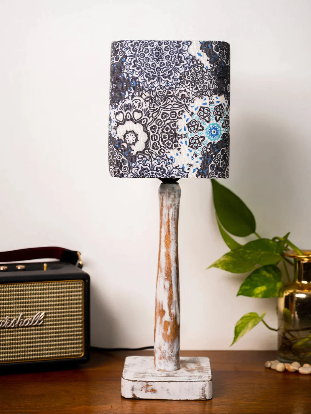 Curve Distress white Lamp with Blue batik print shade
