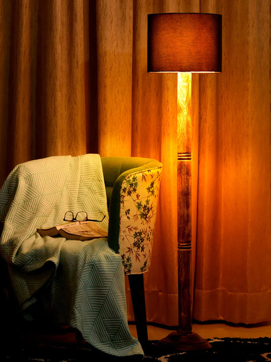 Floor Lamp Brown Ring with Jute Black cylindrical Lamp Shade