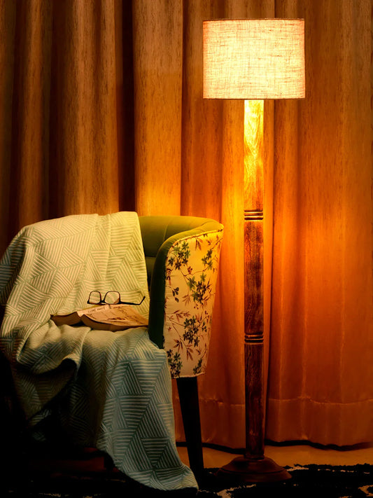 Floor Lamp Brown Ring with Jute Brown cylindrical Lamp Shade