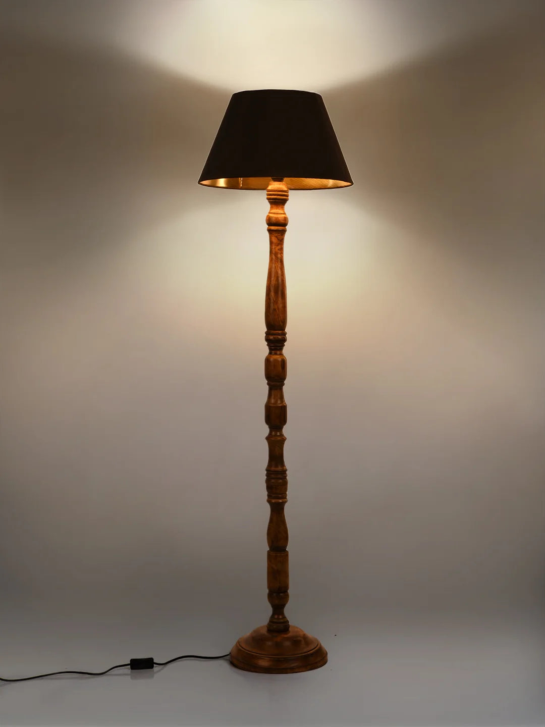 Floor Lamp Walnut Brown Ring with Solid Black Taper Lamp Shade