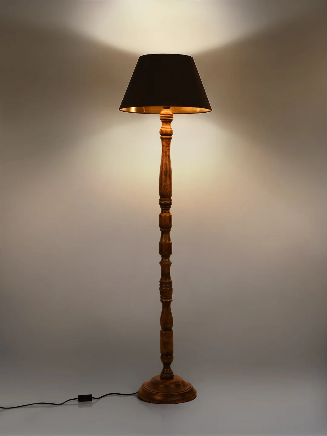 Floor Lamp Walnut Brown Ring with Solid Black Taper Lamp Shade