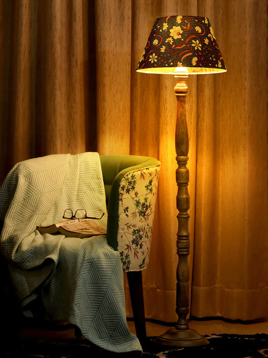 Floor Lamp Walnut Brown Ring with Mulicolor Taper Blue Lamp Shade