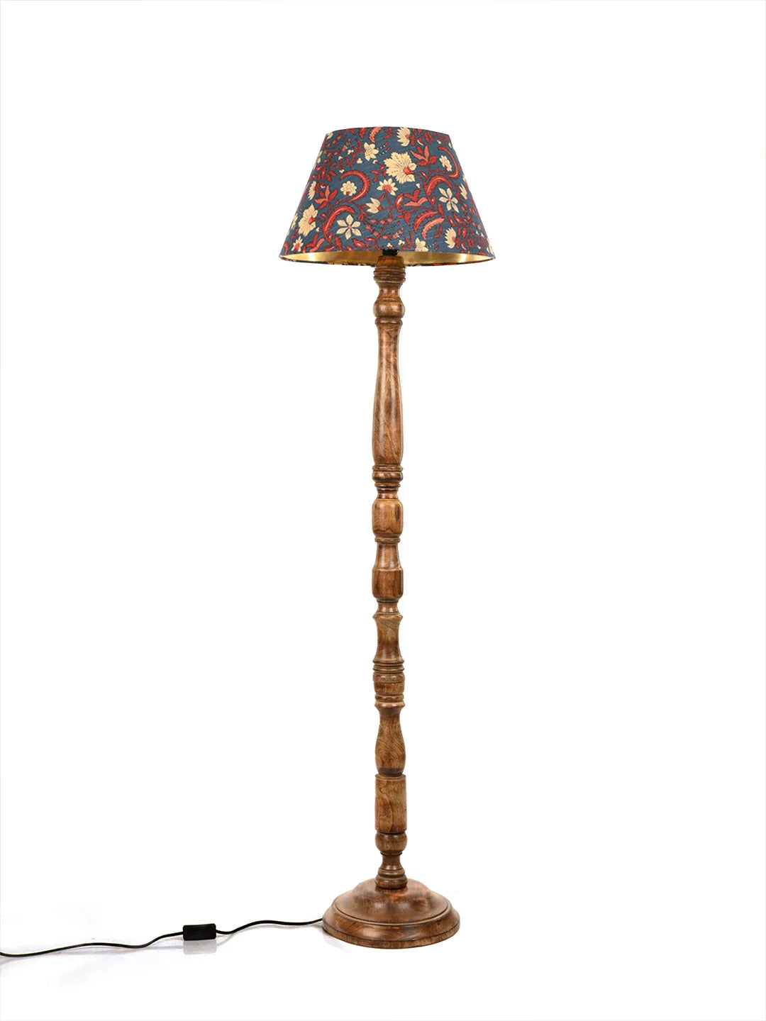Floor Lamp Walnut Brown Ring with Mulicolor Taper Blue Lamp Shade