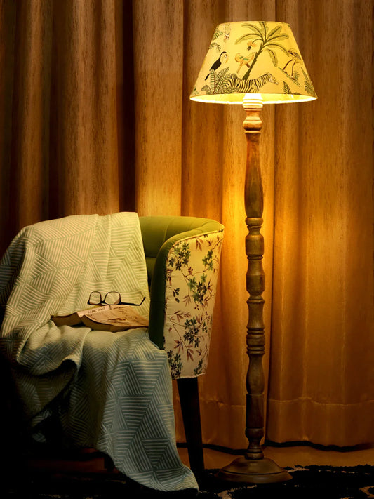 Floor Lamp Walnut Brown with Mulicolor Taper Green Lamp Shade