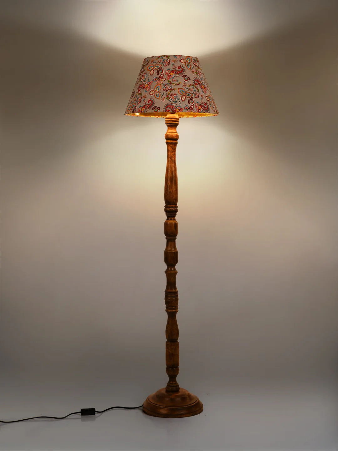 Floor Lamp Walnut Brown Ring with Mulicolor Taper Red Lamp Shade