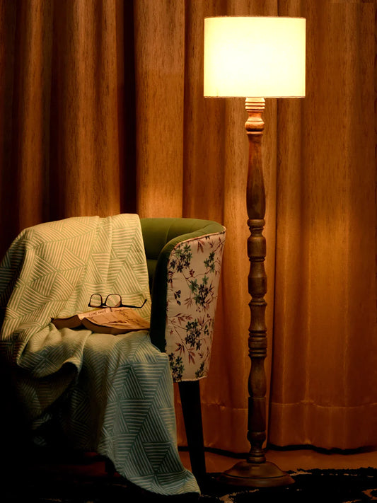 Dark Brown Floor Lamp with White Cotton Shade