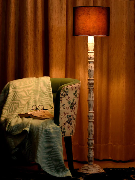 Distress White Floor Lamp with Black Cotton Shade