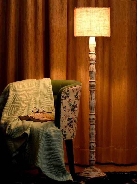 Distress White Floor Lamp with Brown Jute Shade