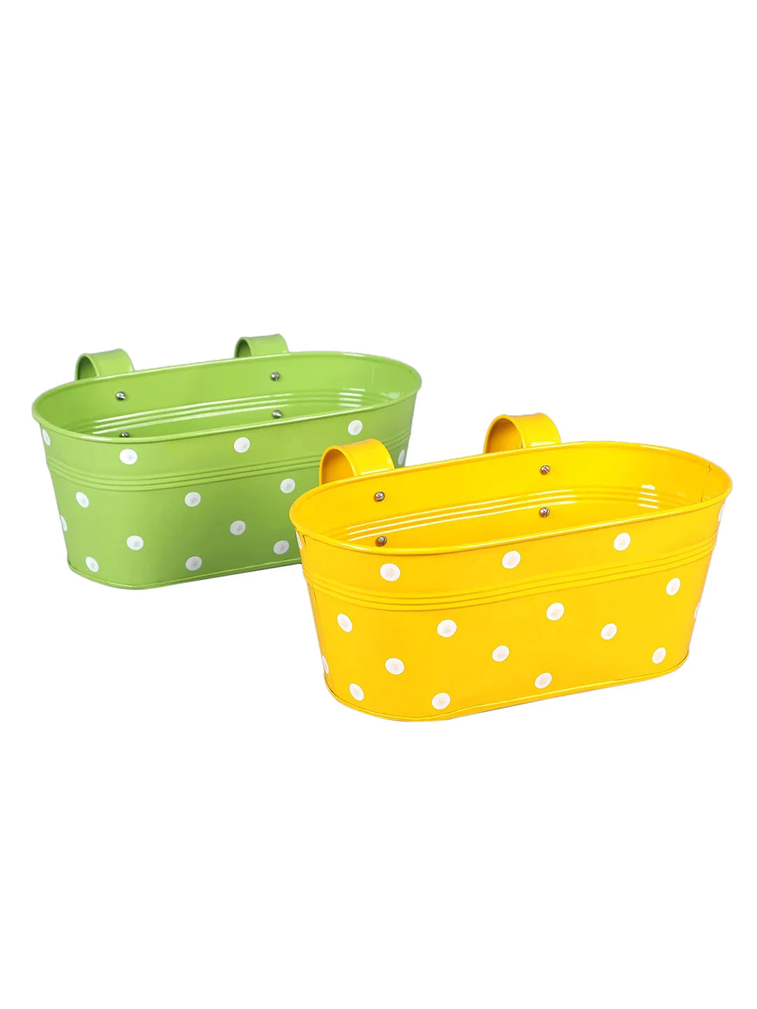 Set of two Polka Dot Oval Railling Planter Big Yellow & Green 12 Inches 