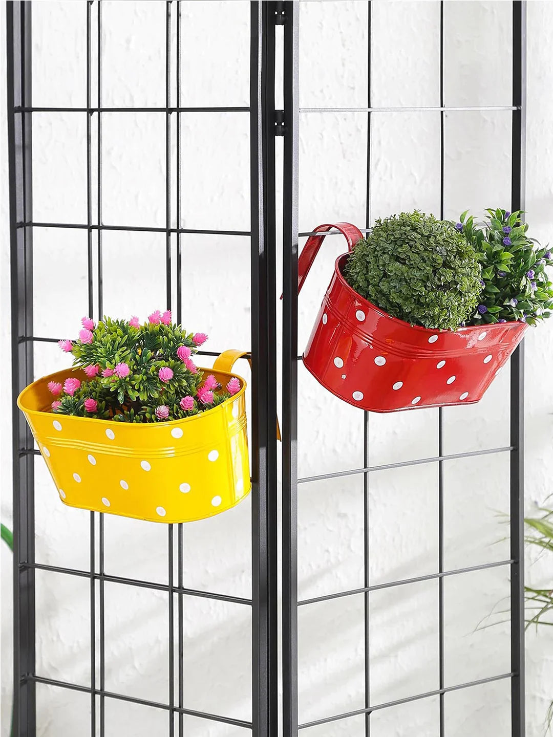 Set of two Polka Dot Oval Railling Planter Big Yellow & Red 12 Inches