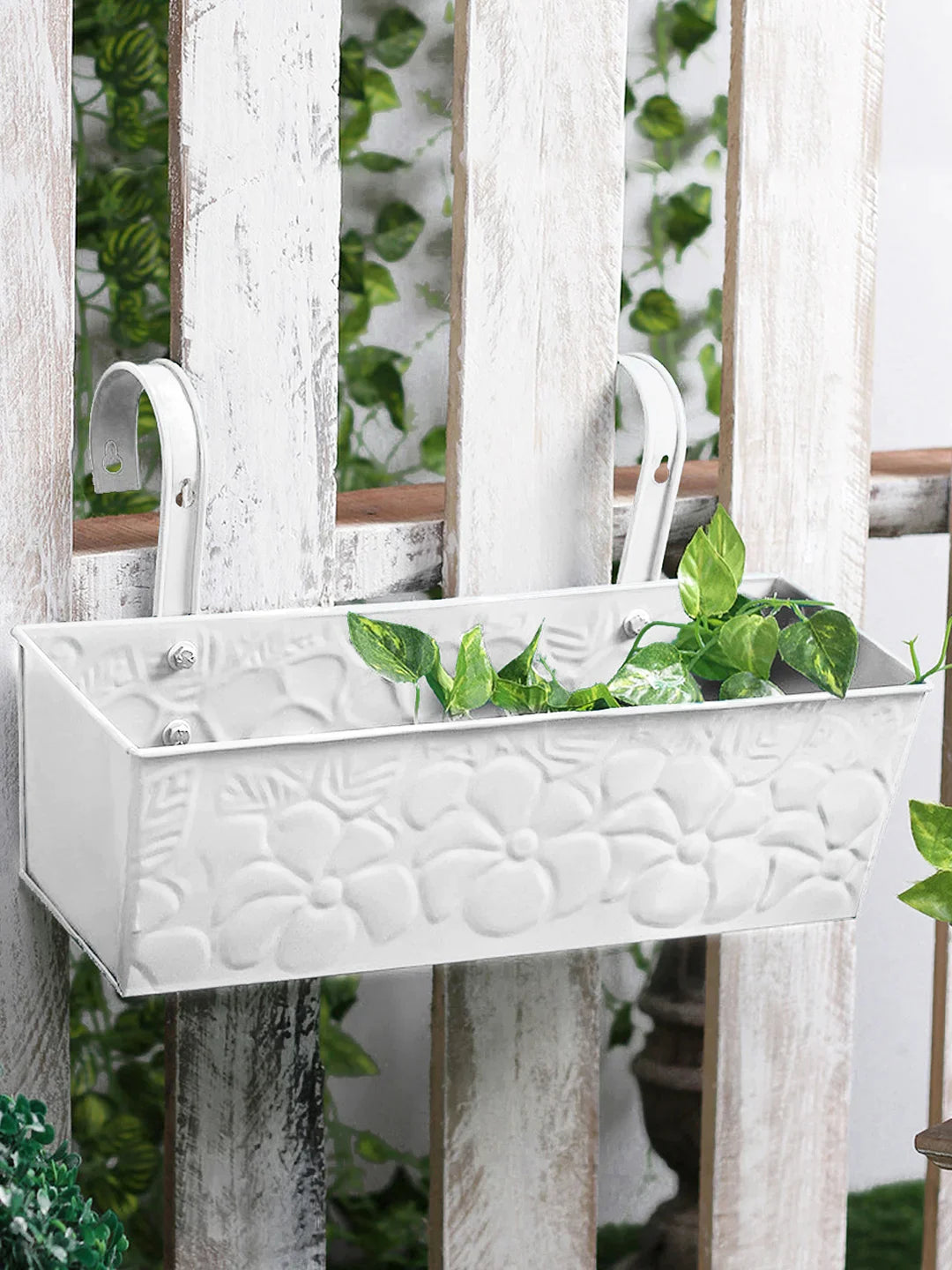 Embossed Rectangular  Railing Planter White 18 Inches