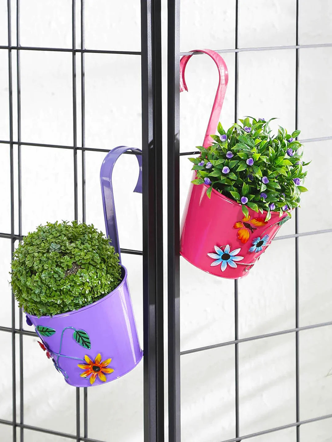 Set of Two Flower Embossed Railing Planter Pink & Purple