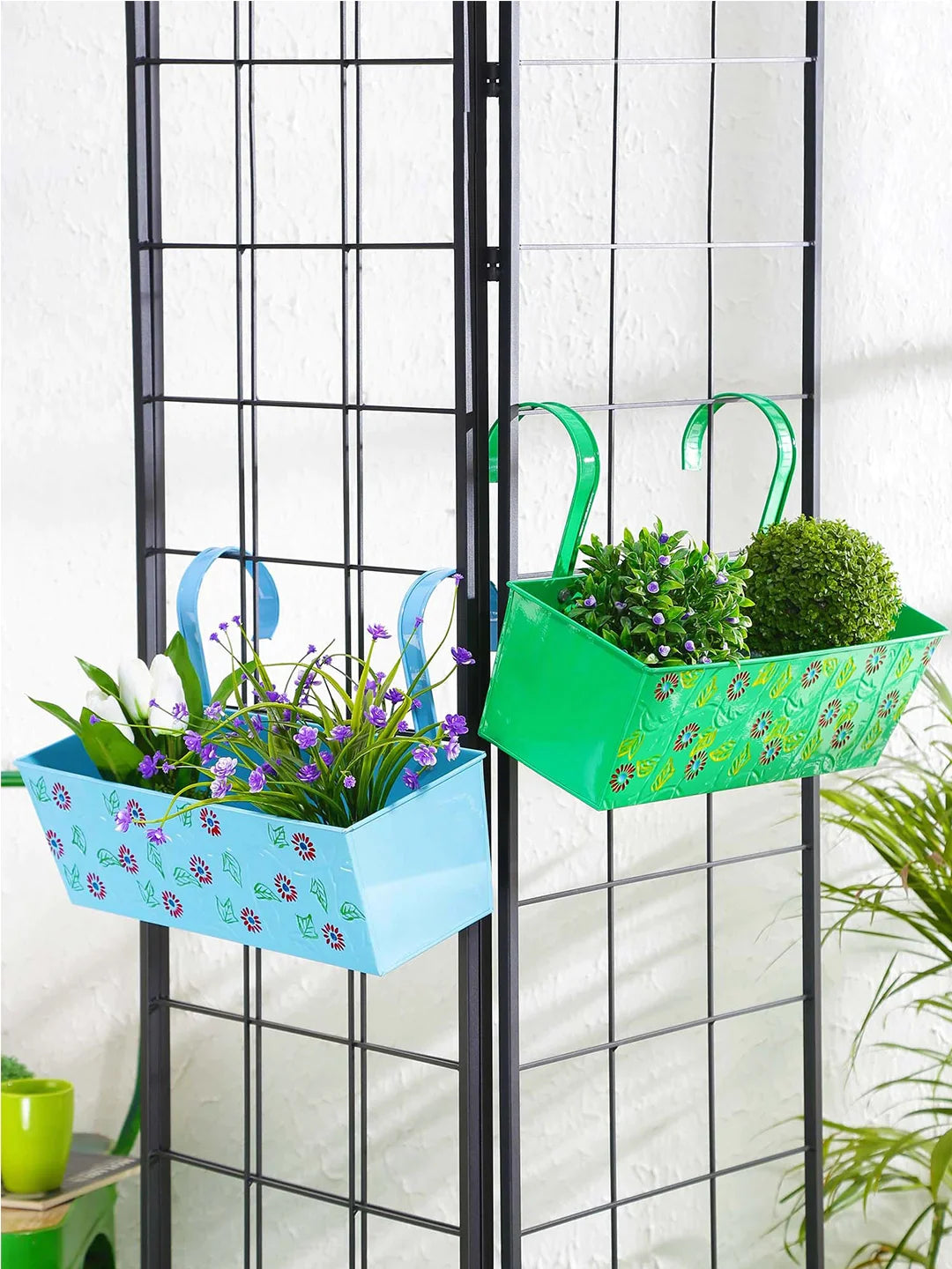 Set of two Handpainted Rectangle Planter Blue & Green 18 Inches