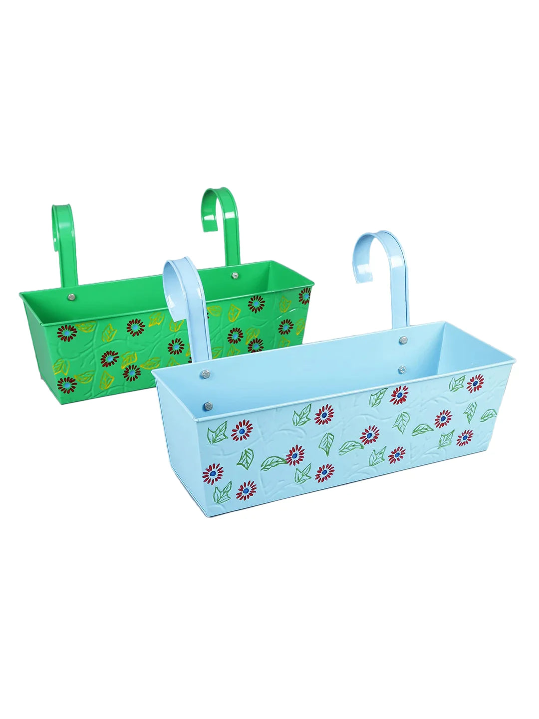 Set of two Handpainted Rectangle Planter Blue & Green 18 Inches
