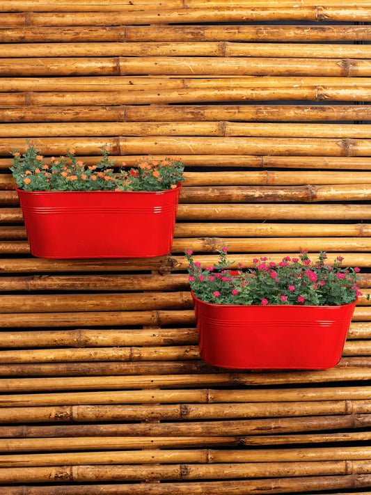 Set of Two 12'' Oval Railing Planter Red
