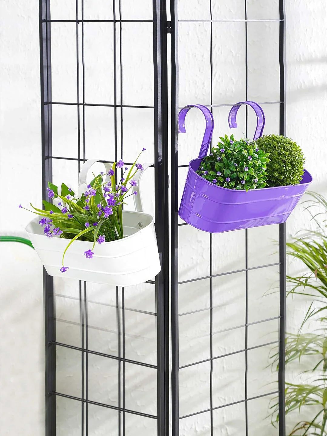 Set of two Oval Railing Planter Large Purple & white 16 Inches