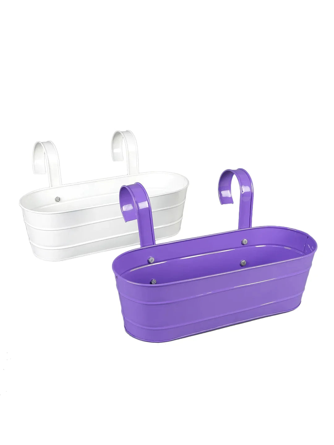 Set of two Oval Railing Planter Large Purple & white 16 Inches