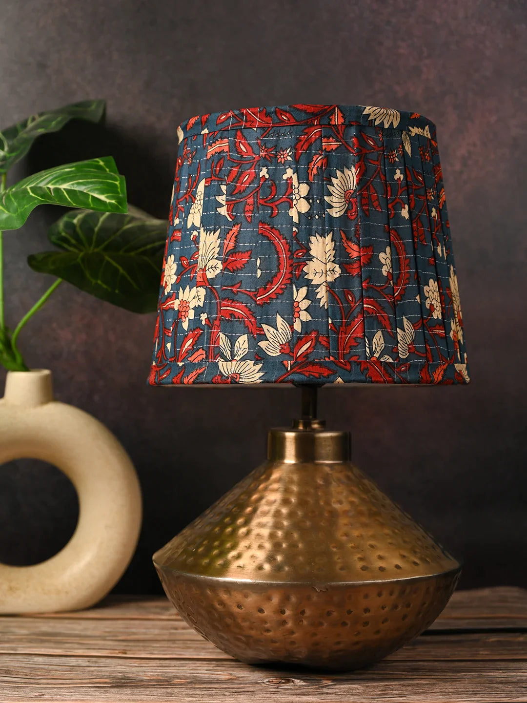 Golden Hammered Urn Lamp with Pleeted Multicolor Blue Shade