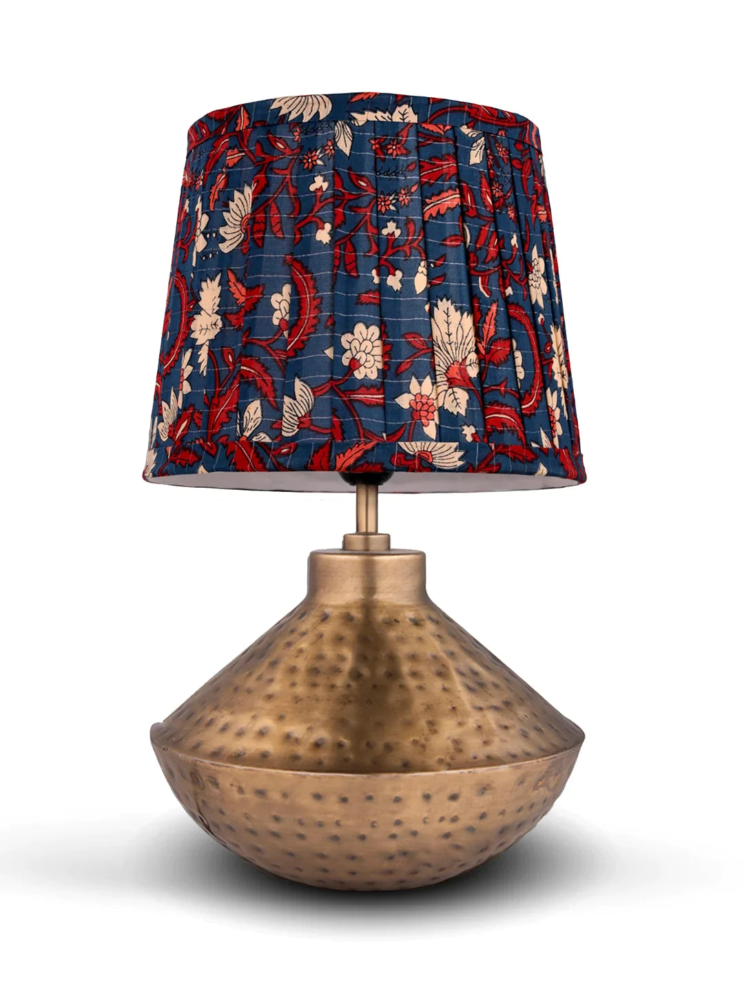 Golden Hammered Urn Lamp with Pleeted Multicolor Blue Shade