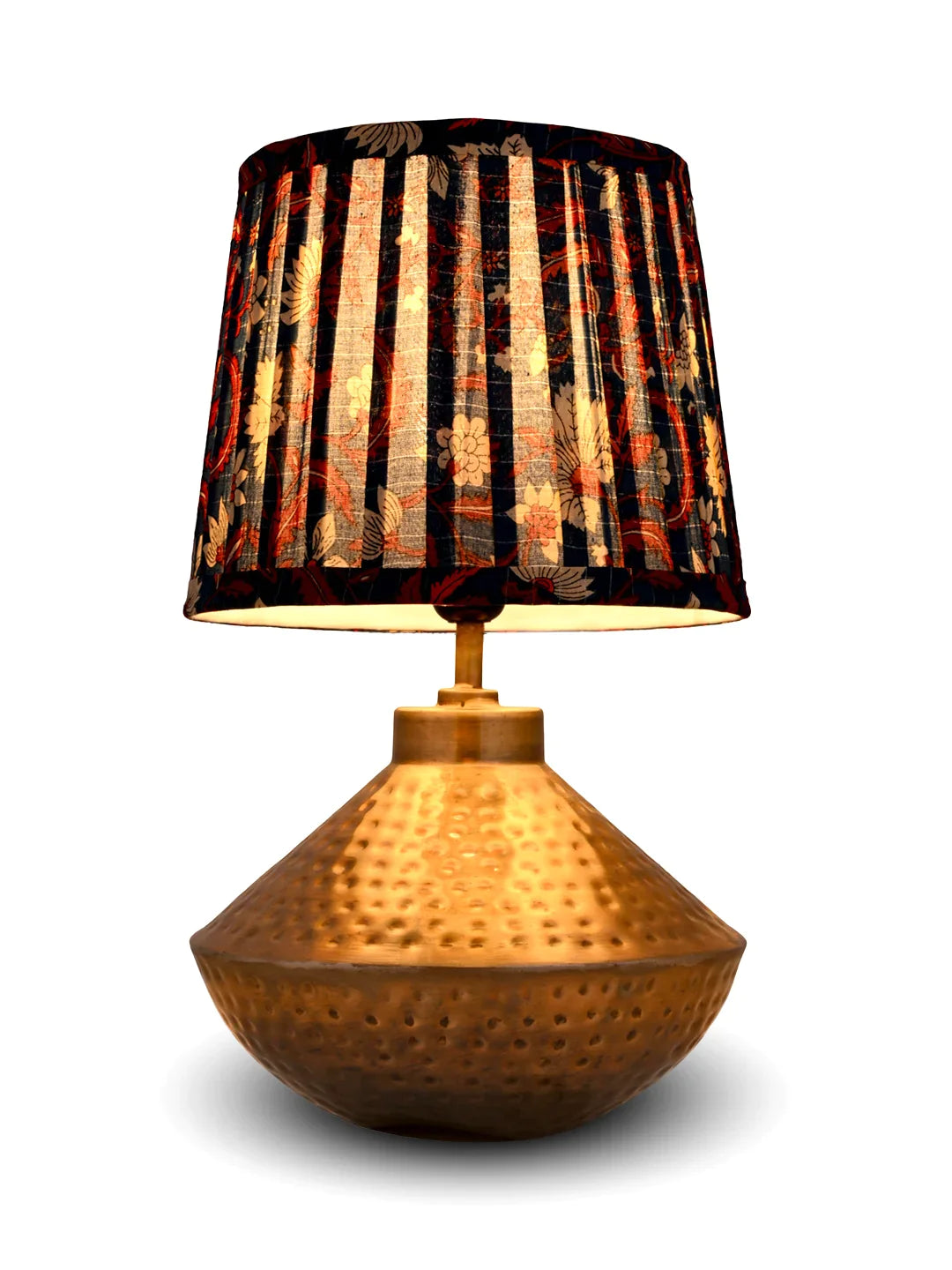 Golden Hammered Urn Lamp with Pleeted Multicolor Blue Shade