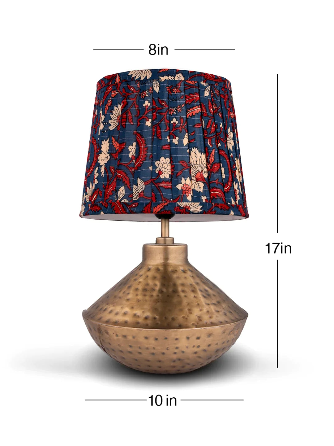 Golden Hammered Urn Lamp with Pleeted Multicolor Blue Shade