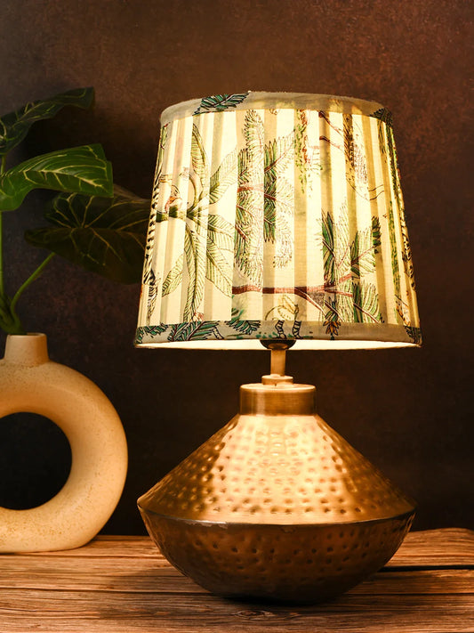 Golden Hammered Urn Lamp with Pleeted Multicolor Green Shade