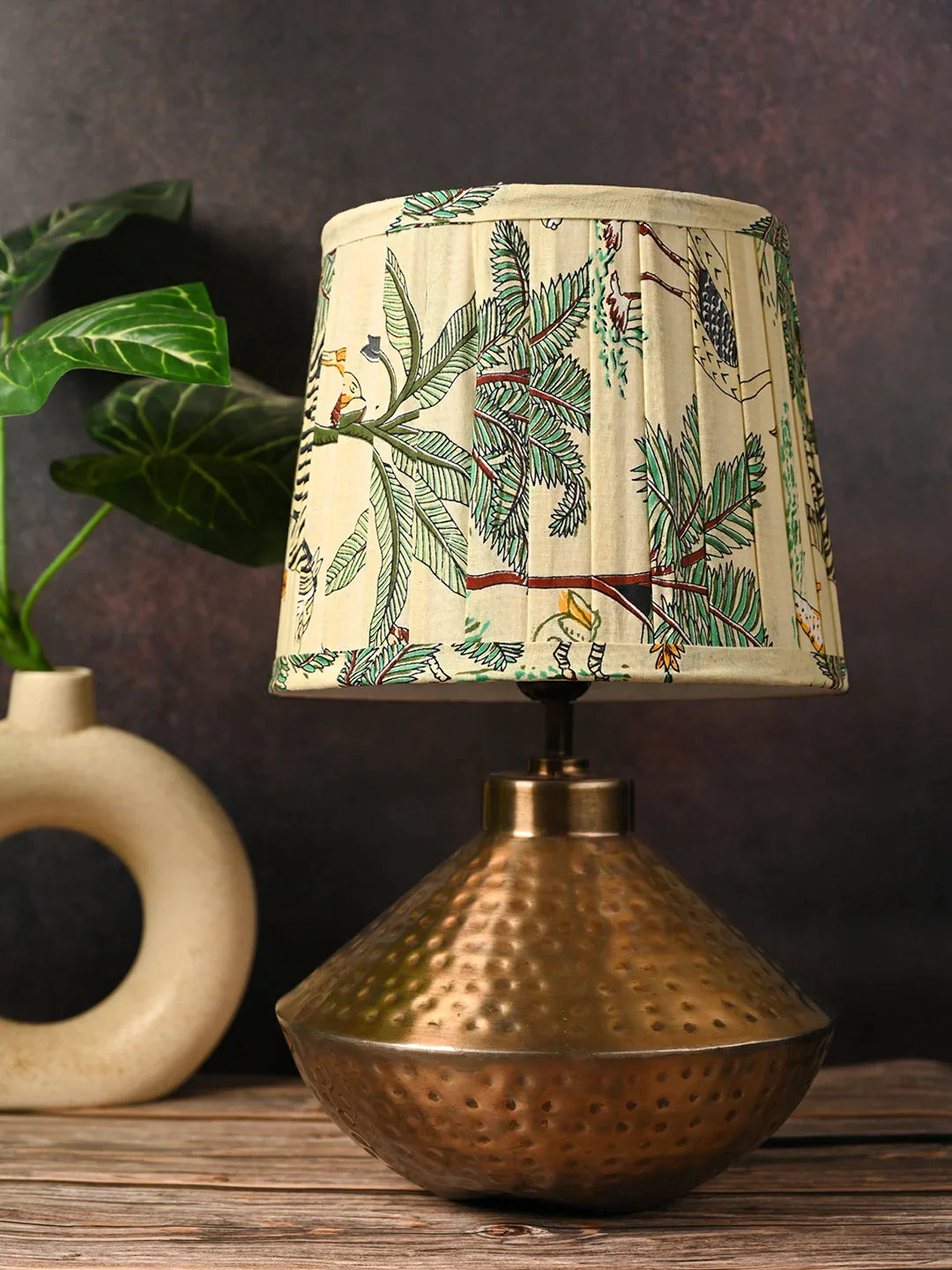 Golden Hammered Urn Lamp with Pleeted Multicolor Green Shade
