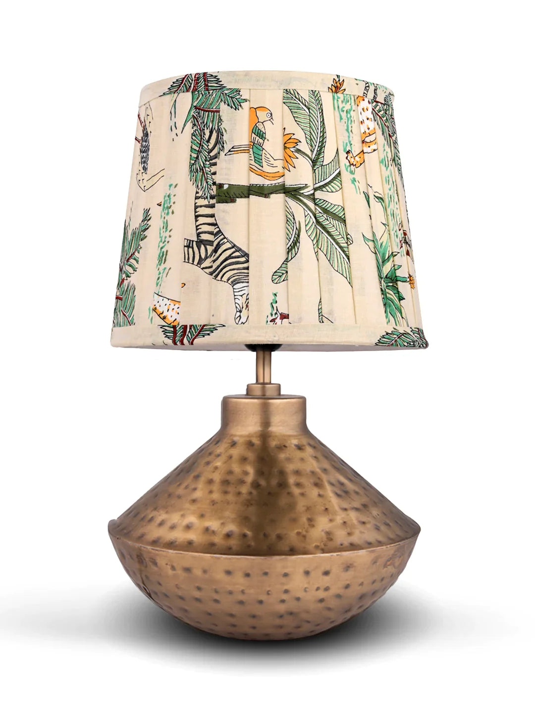 Golden Hammered Urn Lamp with Pleeted Multicolor Green Shade