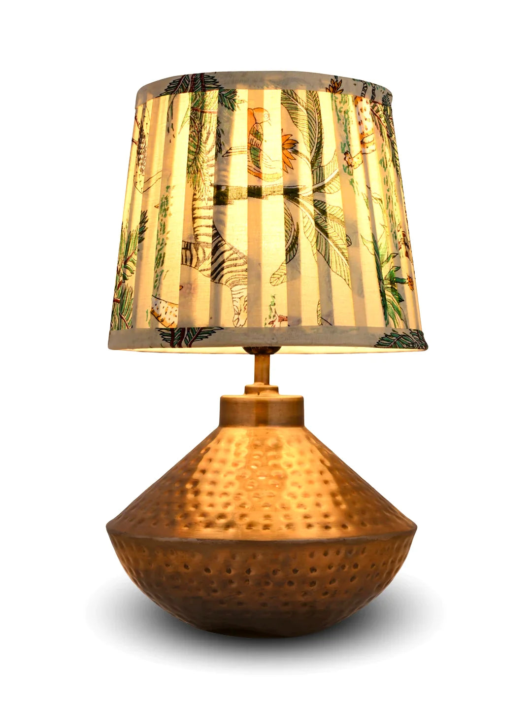 Golden Hammered Urn Lamp with Pleeted Multicolor Green Shade