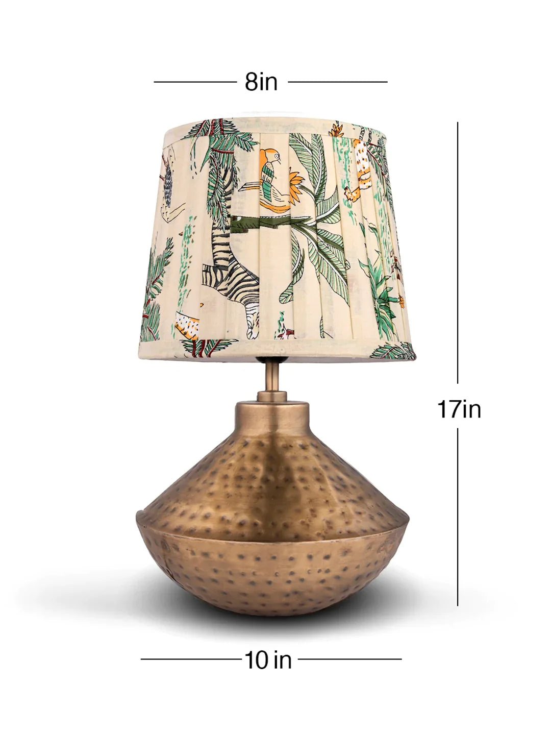 Golden Hammered Urn Lamp with Pleeted Multicolor Green Shade