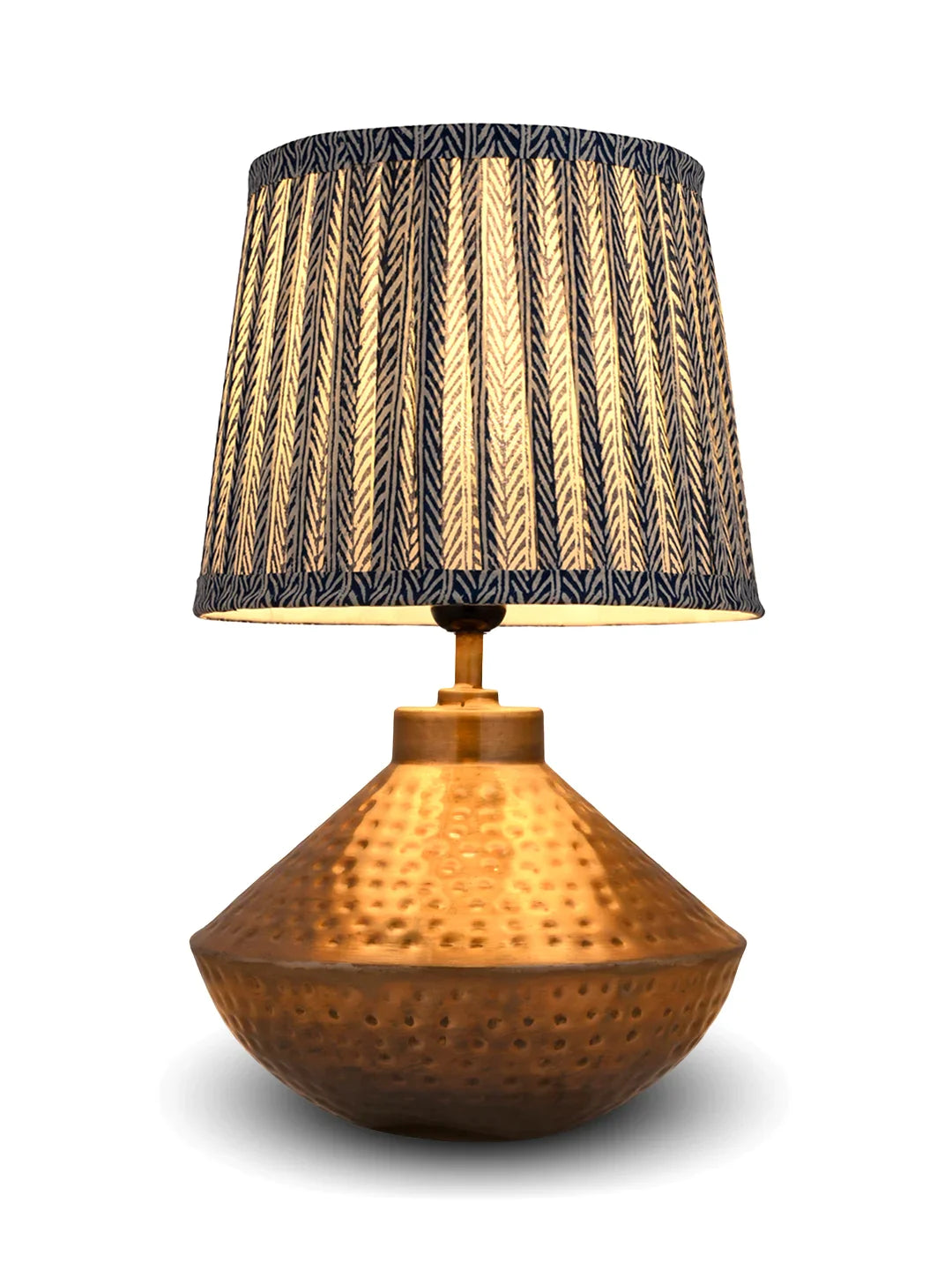 Golden Hammered Urn Lamp with Pleeted Multicolor Grey Shade