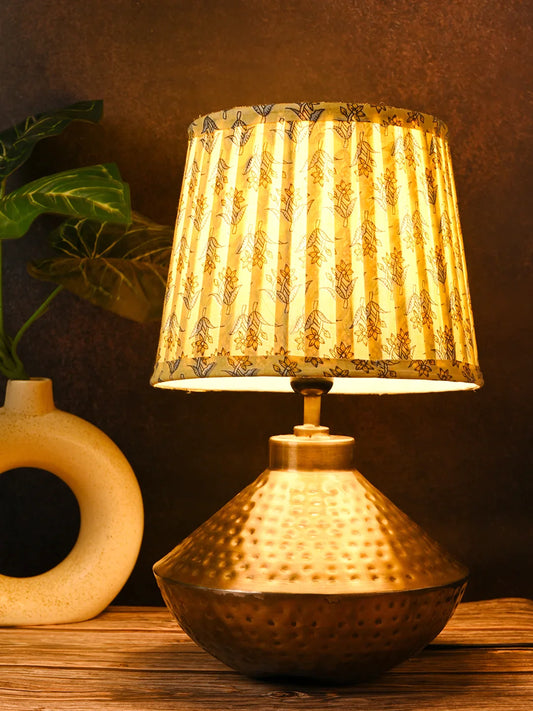 Golden Hammered Urn Lamp with Pleeted Multicolor Lemon Shade