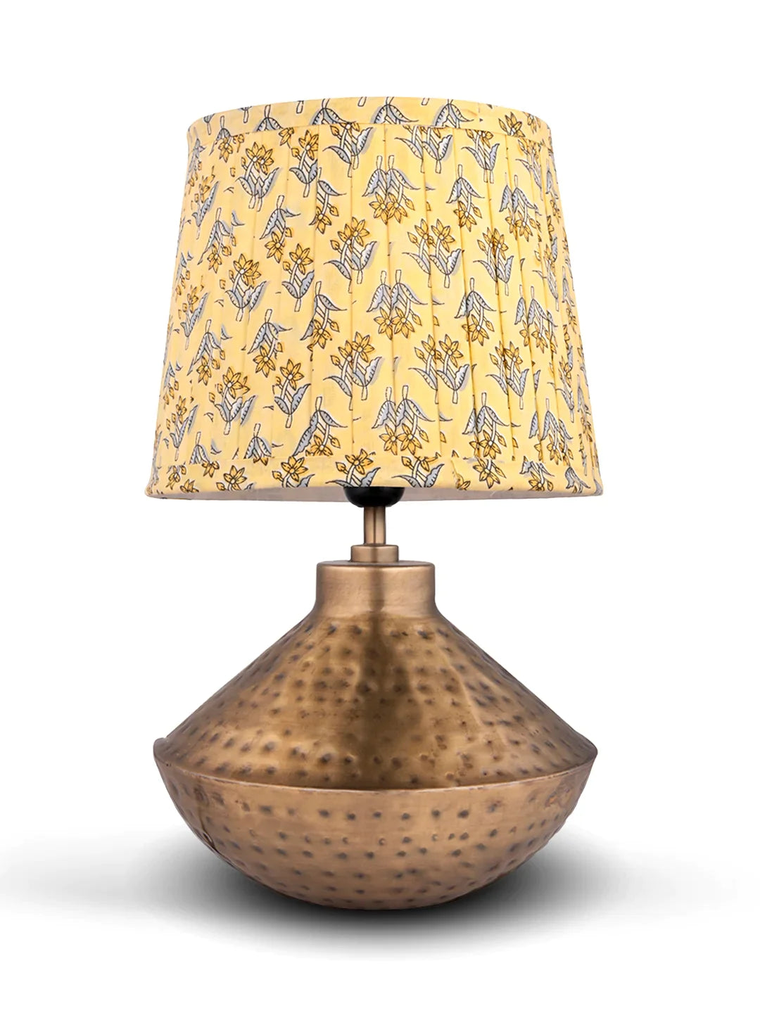 Golden Hammered Urn Lamp with Pleeted Multicolor Lemon Shade