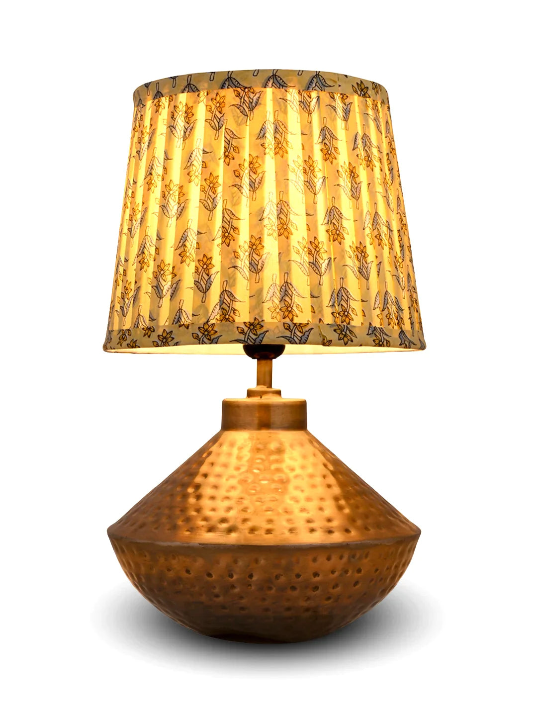 Golden Hammered Urn Lamp with Pleeted Multicolor Lemon Shade