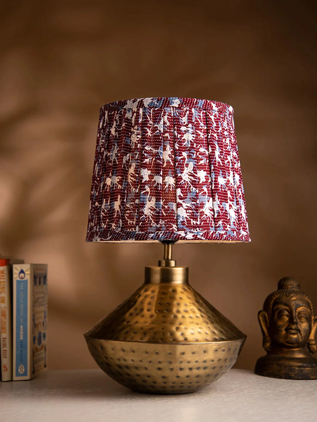 Golden Hammered Urn Lamp with Pleeted Multicolor Maroon Shade