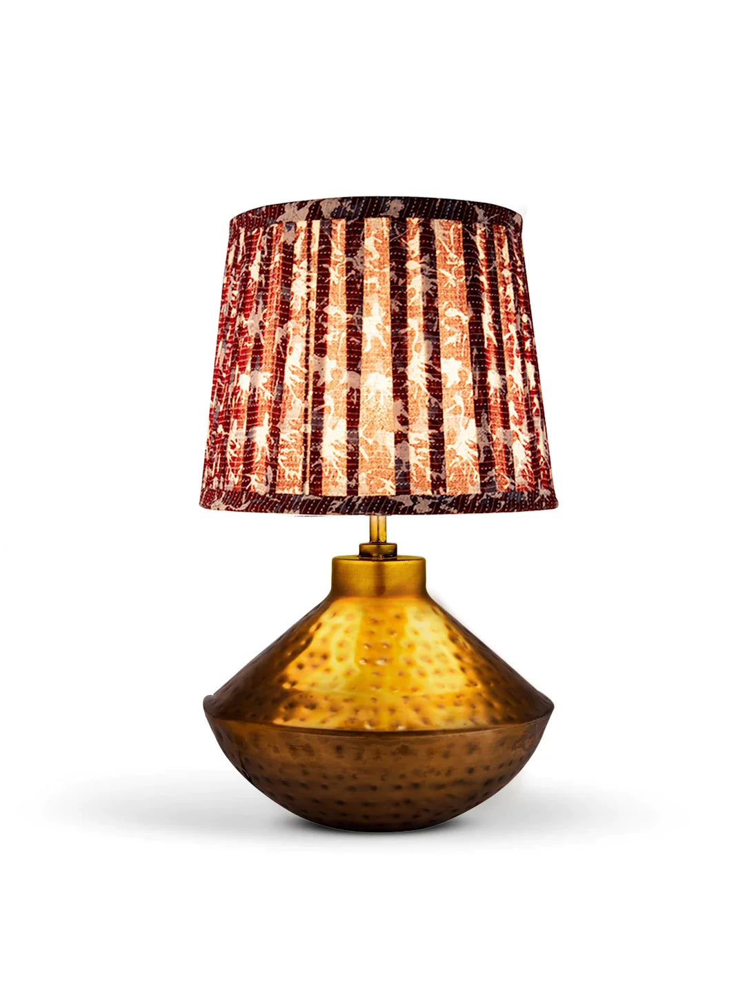 Golden Hammered Urn Lamp with Pleeted Multicolor Maroon Shade