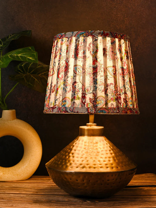 Golden Hammered Urn Lamp with Pleeted Multicolor Red Shade