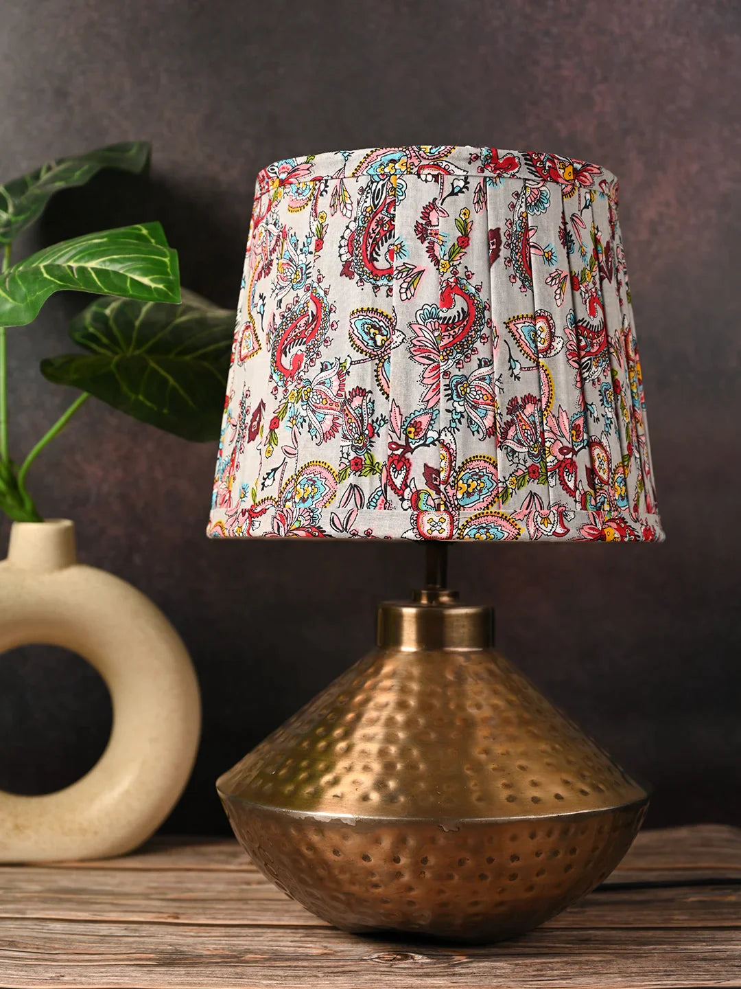 Golden Hammered Urn Lamp with Pleeted Multicolor Red Shade