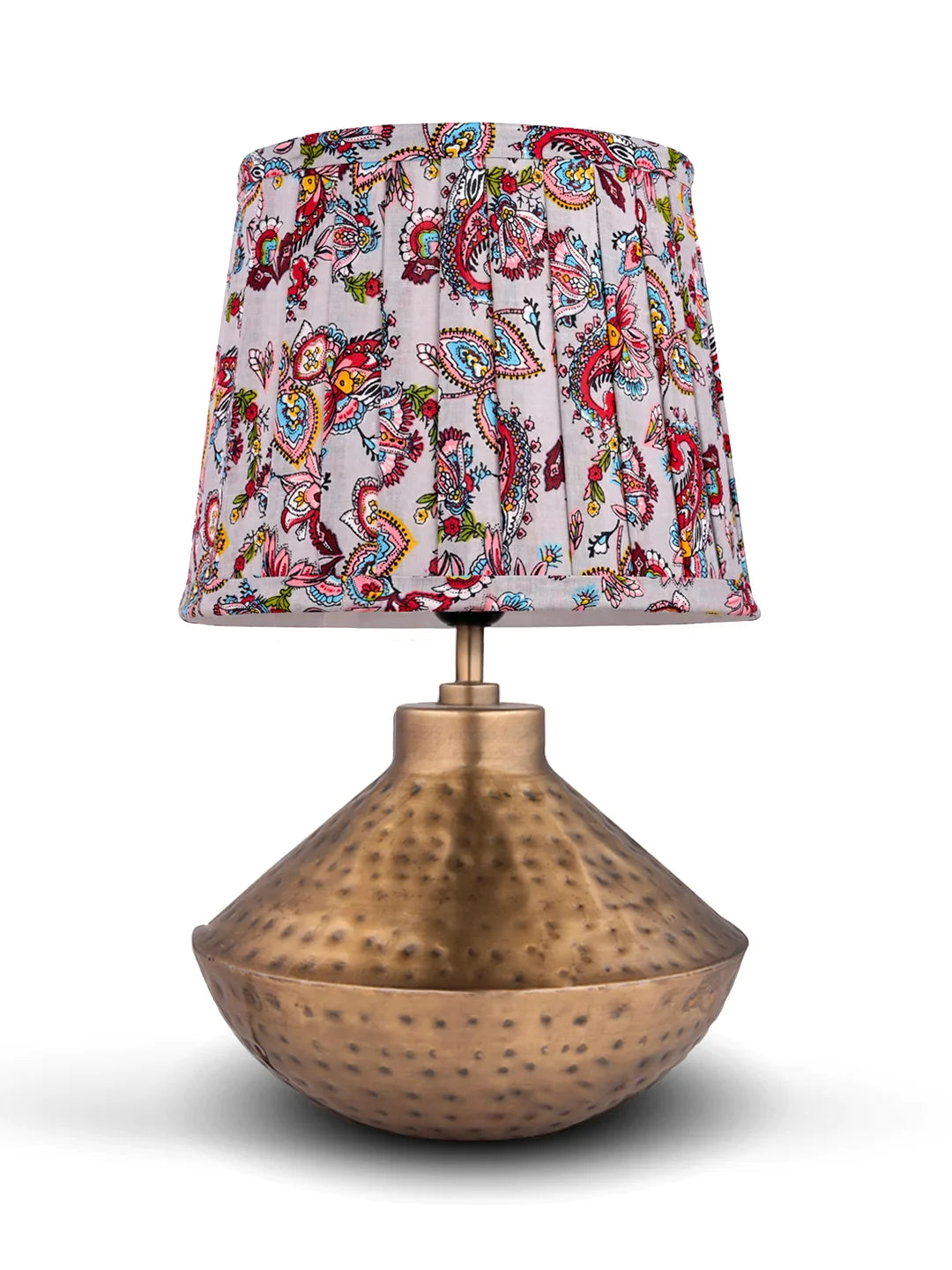 Golden Hammered Urn Lamp with Pleeted Multicolor Red Shade