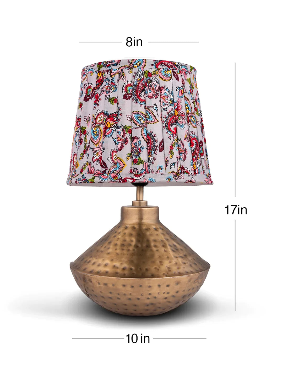Golden Hammered Urn Lamp with Pleeted Multicolor Red Shade