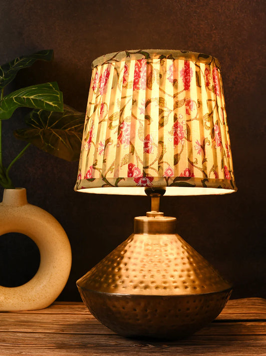 Golden Hammered Urn Lamp with Pleeted Multicolor Yellow Shade