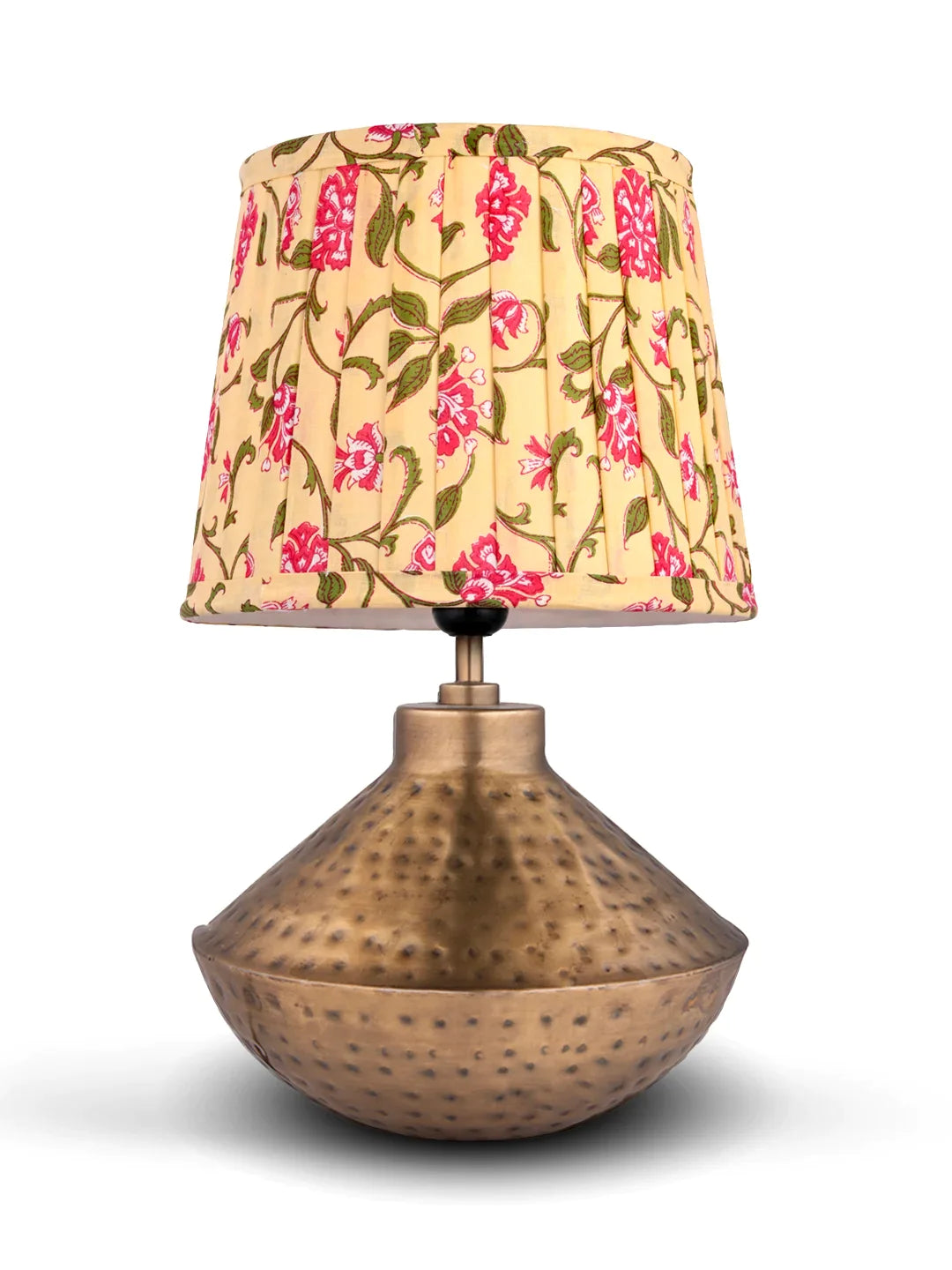 Golden Hammered Urn Lamp with Pleeted Multicolor Yellow Shade