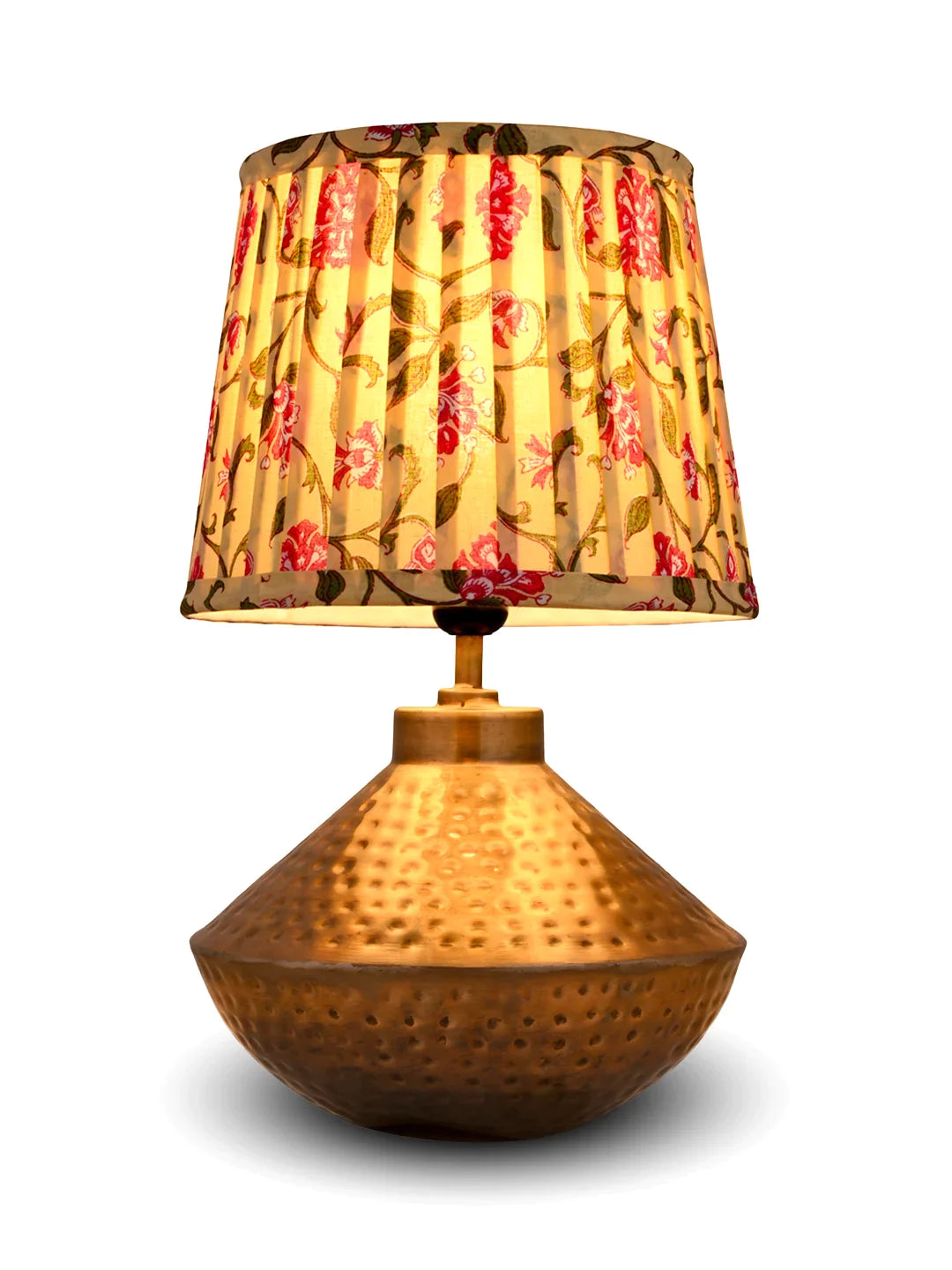 Golden Hammered Urn Lamp with Pleeted Multicolor Yellow Shade