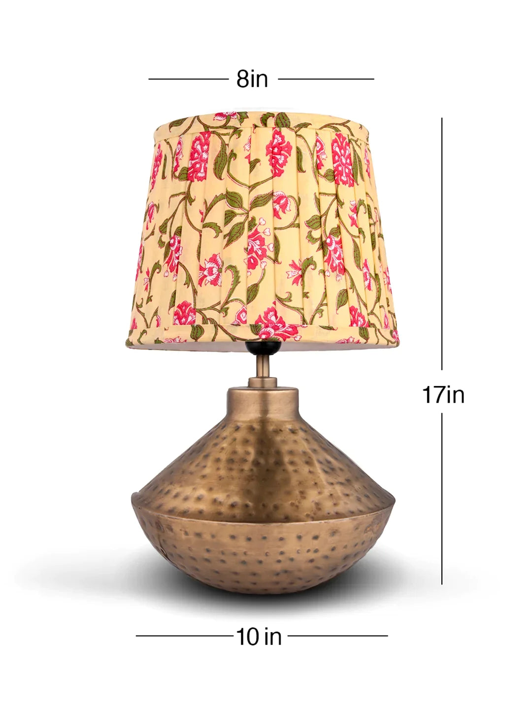 Golden Hammered Urn Lamp with Pleeted Multicolor Yellow Shade